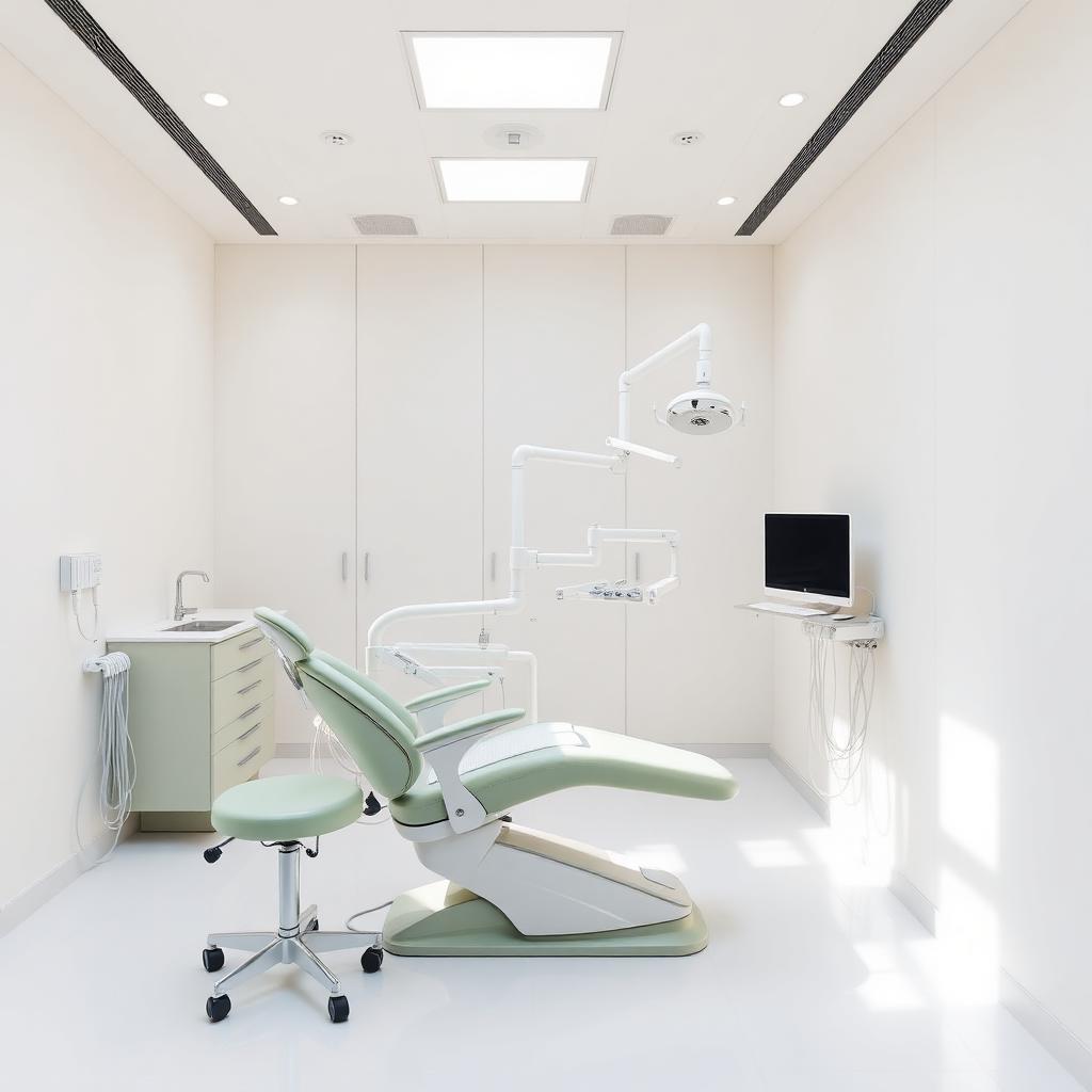 Kursi dokter gigi modern berwarna sage di ruang putih bersih