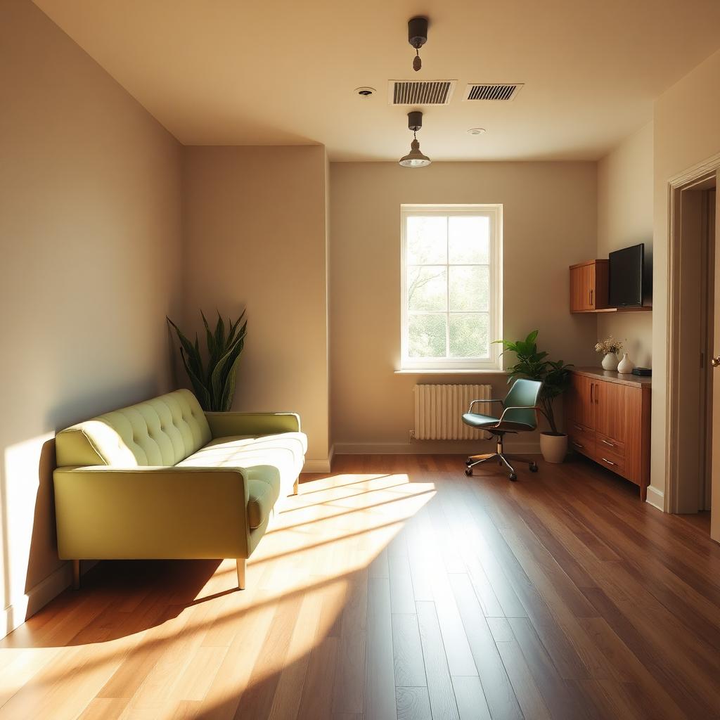 Ruang tunggu minimalis dengan sofa hijau sage dan cahaya hangat